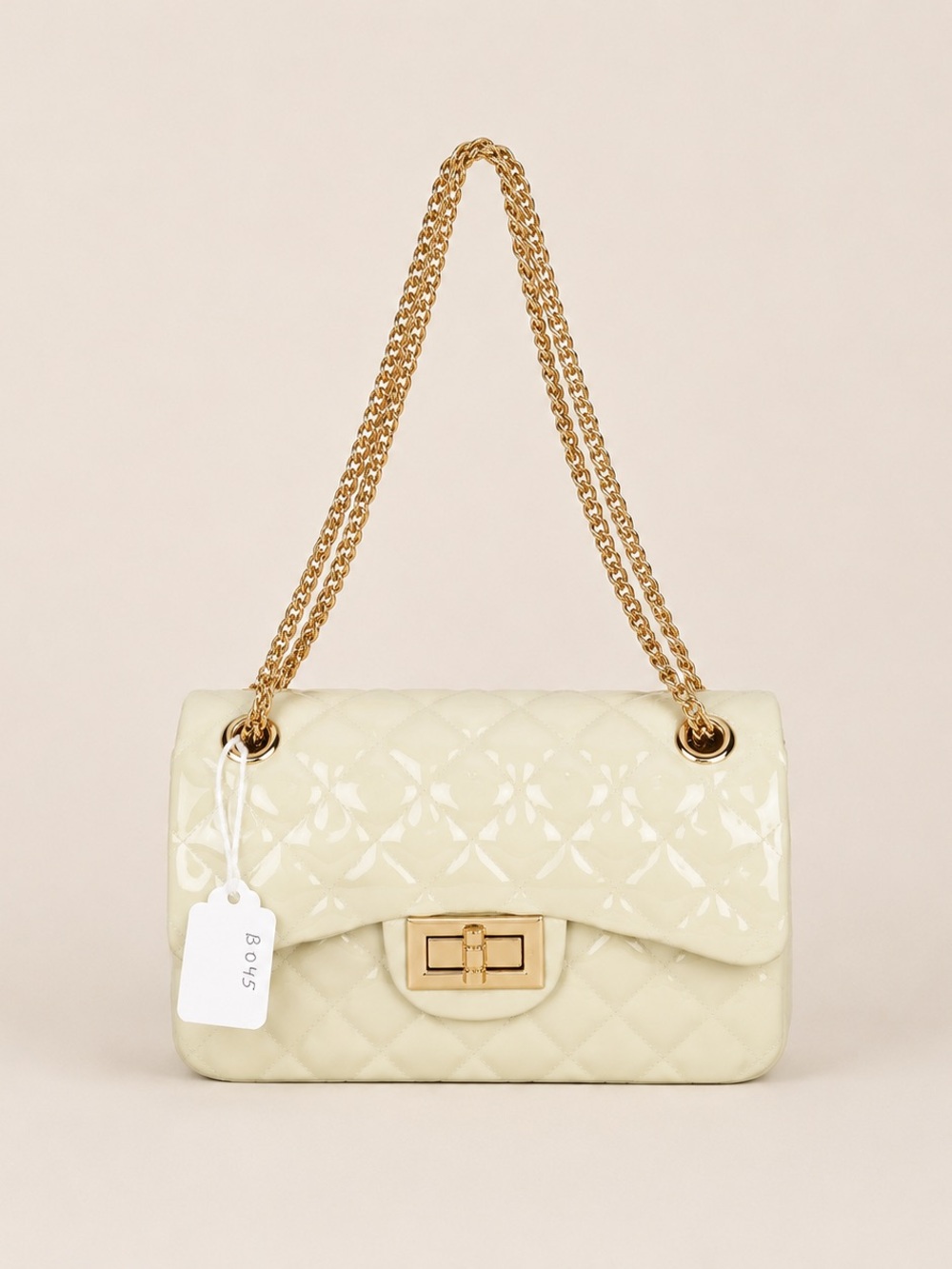Patent Quilted Shoulder Bag with Gold Chain - Cream